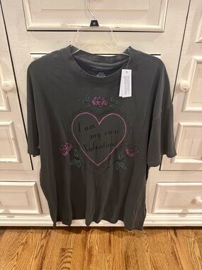 American Eagle Black Tee with Purple Rose Graphic